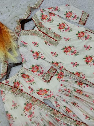 White Pink Designer Floral Chinon Silk Sharara Suit - BONYHUBSALWAR KAMEEZ
