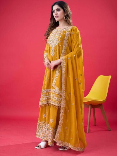 Mustard Yellow Georgette Embroidery Moti Work Sharara Suit - BONYHUBSALWAR KAMEEZ