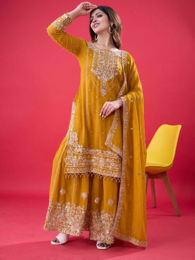 Mustard Yellow Georgette Embroidery Moti Work Sharara Suit - BONYHUBSALWAR KAMEEZ