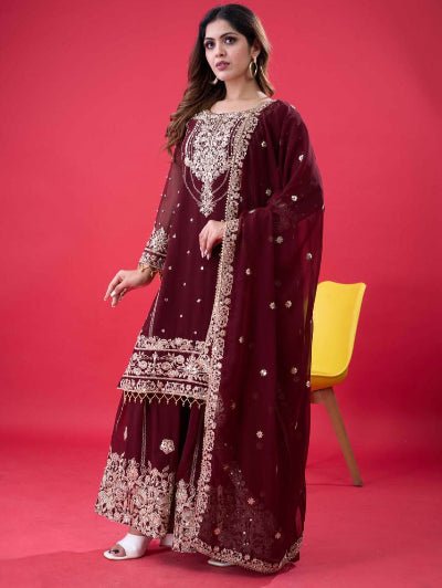Burgandy Georgette Embroidery Moti Work Sharara Suit - BONYHUBSALWAR KAMEEZ