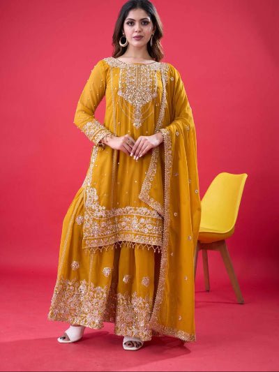 Mustard Yellow Georgette Embroidery Moti Work Sharara Suit - BONYHUBSALWAR KAMEEZ