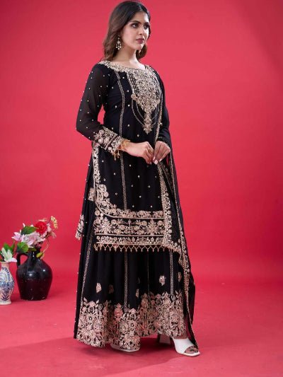 Black Georgette Embroidery Moti Work Sharara Suit - BONYHUBSALWAR KAMEEZ