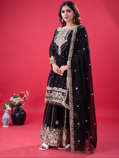 Black Georgette Embroidery Moti Work Sharara Suit - BONYHUBSALWAR KAMEEZ