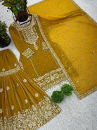 Mustard Yellow Georgette Embroidery Moti Work Sharara Suit - BONYHUBSALWAR KAMEEZ