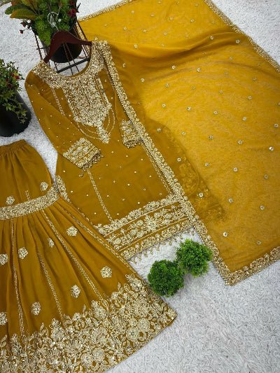 Mustard Yellow Georgette Embroidery Moti Work Sharara Suit - BONYHUBSALWAR KAMEEZ