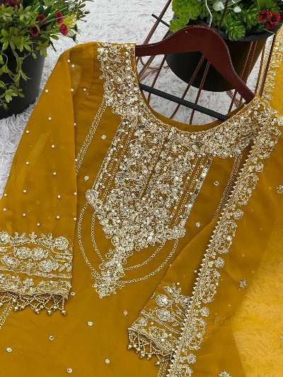 Mustard Yellow Georgette Embroidery Moti Work Sharara Suit - BONYHUBSALWAR KAMEEZ