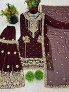 Burgandy Georgette Embroidery Moti Work Sharara Suit - BONYHUBSALWAR KAMEEZ