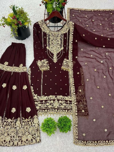 Burgandy Georgette Embroidery Moti Work Sharara Suit - BONYHUBSALWAR KAMEEZ
