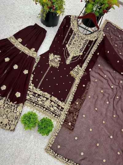 Burgandy Georgette Embroidery Moti Work Sharara Suit - BONYHUBSALWAR KAMEEZ
