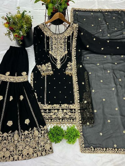 Black Georgette Embroidery Moti Work Sharara Suit - BONYHUBSALWAR KAMEEZ
