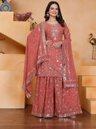 Peach Embroidery Georgette Sharara Suit Set - BONYHUBSALWAR KAMEEZ
