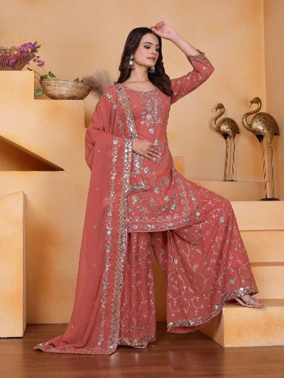 Peach Embroidery Georgette Sharara Suit Set - BONYHUBSALWAR KAMEEZ