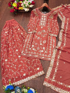 Peach Embroidery Georgette Sharara Suit Set - BONYHUBSALWAR KAMEEZ