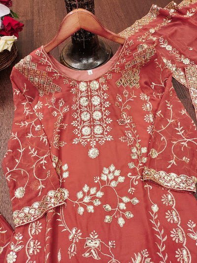 Peach Embroidery Georgette Sharara Suit Set - BONYHUBSALWAR KAMEEZ