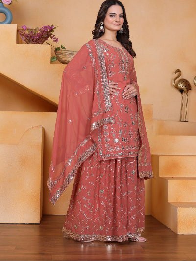 Peach Embroidery Georgette Sharara Suit Set - BONYHUBSALWAR KAMEEZ