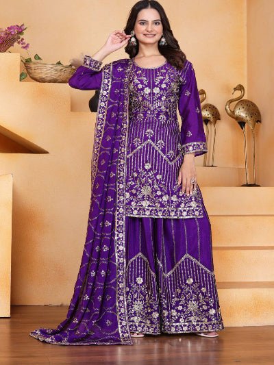 Mystic Purple Chinon Silk Embroidered Sharara Suit - BONYHUBSALWAR KAMEEZ