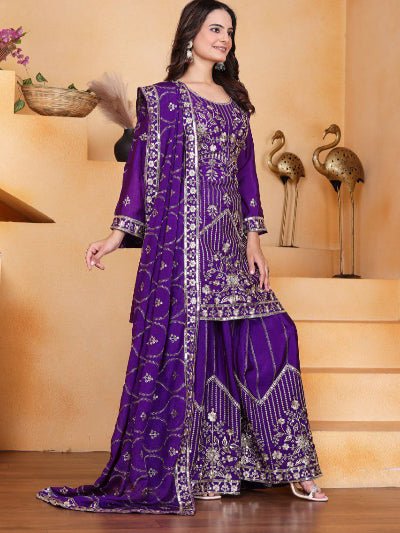 Mystic Purple Chinon Silk Embroidered Sharara Suit - BONYHUBSALWAR KAMEEZ