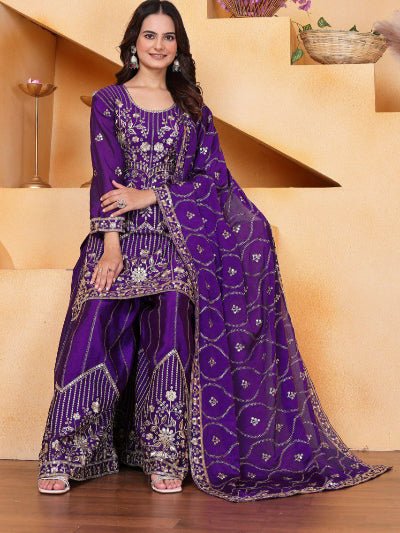 Mystic Purple Chinon Silk Embroidered Sharara Suit - BONYHUBSALWAR KAMEEZ