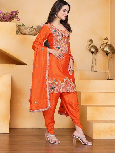 Orange Chinon Silk Embroidered Punjabi Dhoti Suit Set - BONYHUBSALWAR KAMEEZ