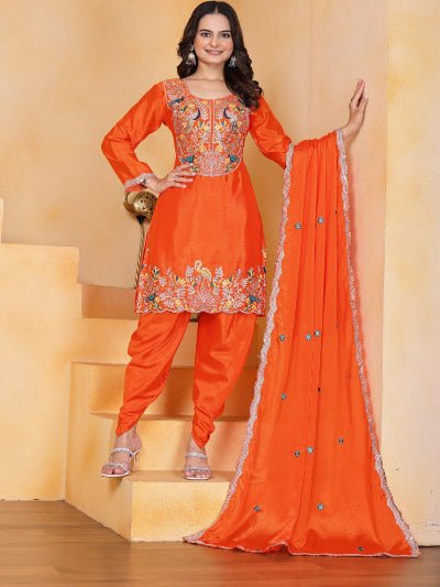Orange Chinon Silk Embroidered Punjabi Dhoti Suit Set - BONYHUBSALWAR KAMEEZ
