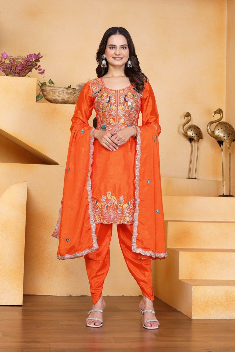 Orange Chinon Silk Embroidered Punjabi Dhoti Suit Set - BONYHUBSALWAR KAMEEZ