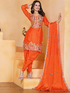 Orange Chinon Silk Embroidered Punjabi Dhoti Suit Set - BONYHUBSALWAR KAMEEZ