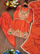Orange Chinon Silk Embroidered Punjabi Dhoti Suit Set - BONYHUBSALWAR KAMEEZ
