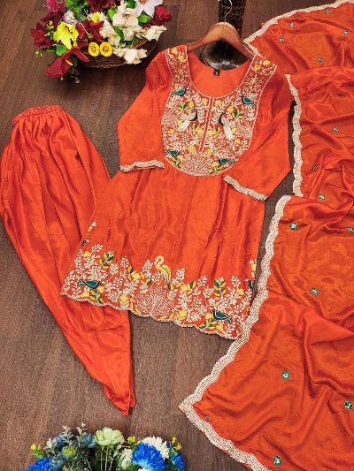 Orange Chinon Silk Embroidered Punjabi Dhoti Suit Set - BONYHUBSALWAR KAMEEZ