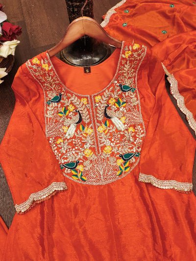 Orange Chinon Silk Embroidered Punjabi Dhoti Suit Set - BONYHUBSALWAR KAMEEZ