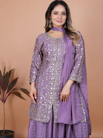 Lilac Chinon Silk Embroidered Sequence Work Sharara Suit - BONYHUBSALWAR KAMEEZ