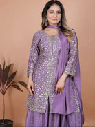 Lilac Chinon Silk Embroidered Sequence Work Sharara Suit - BONYHUBSALWAR KAMEEZ