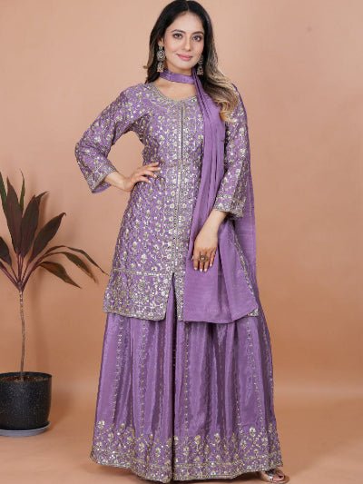 Lilac Chinon Silk Embroidered Sequence Work Sharara Suit - BONYHUBSALWAR KAMEEZ