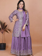 Lilac Chinon Silk Embroidered Sequence Work Sharara Suit - BONYHUBSALWAR KAMEEZ