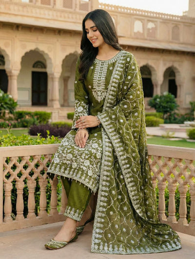Olive Green Tissue Silk Embroidery Straight Suit