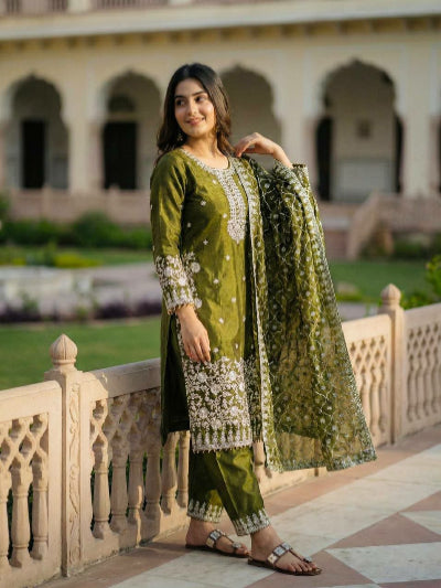 Olive Green Tissue Silk Embroidery Straight Suit