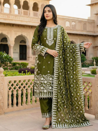 Olive Green Tissue Silk Embroidery Straight Suit