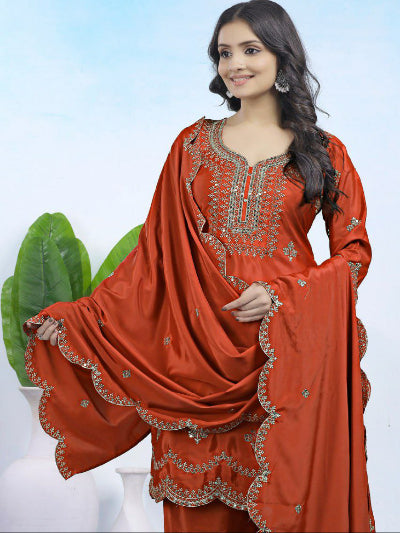 Rust Orange Gold Embroidery Work Palazzo Suit