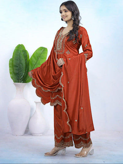 Rust Orange Gold Embroidery Work Palazzo Suit