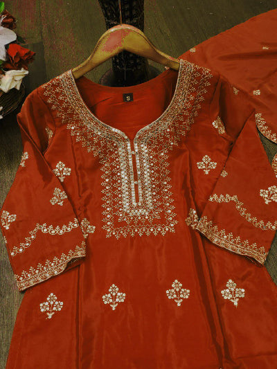 Rust Orange Gold Embroidery Work Palazzo Suit