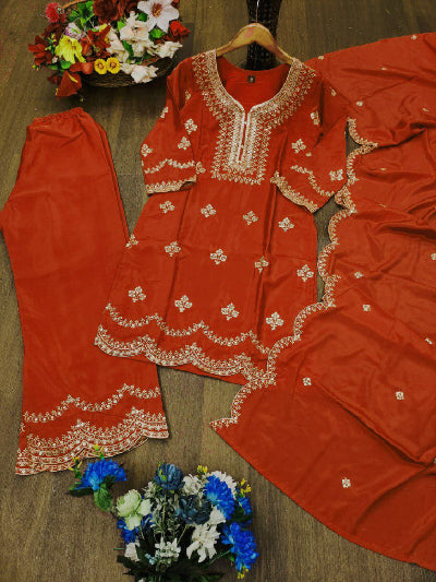 Rust Orange Gold Embroidery Work Palazzo Suit
