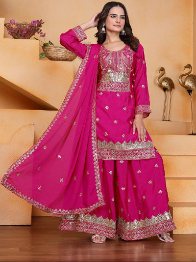 Magenta Pink Chinon Silk Embroidered Sharara Set