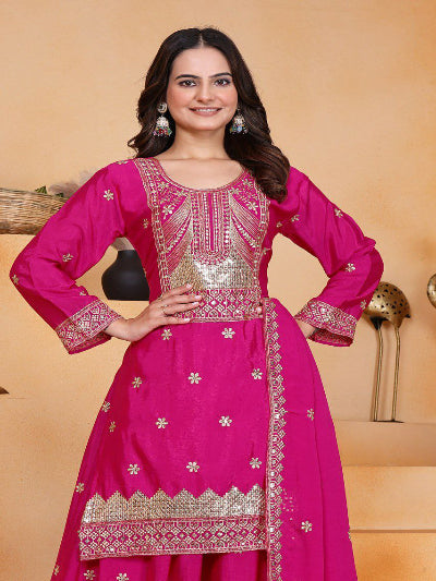 Magenta Pink Chinon Silk Embroidered Sharara Set