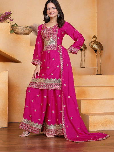 Magenta Pink Chinon Silk Embroidered Sharara Set