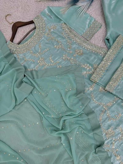 Powder Blue Soft Tissue Silk Embroidered Straight Suit