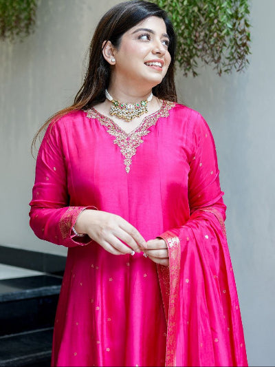 Hot Pink Banarasi Handwork Anarkali Suit Set