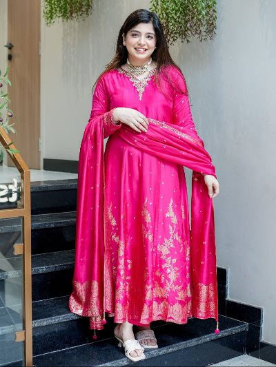 Hot Pink Banarasi Handwork Anarkali Suit Set