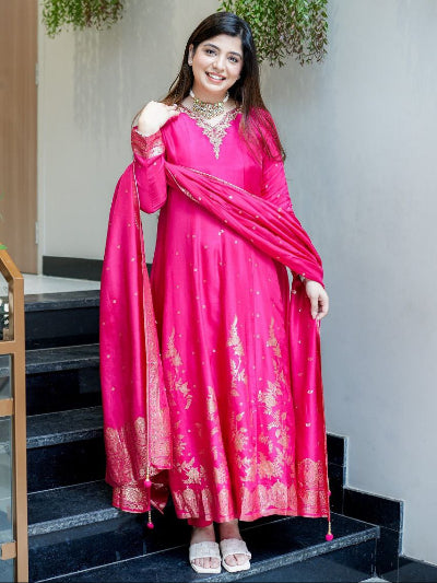Hot Pink Banarasi Handwork Anarkali Suit Set
