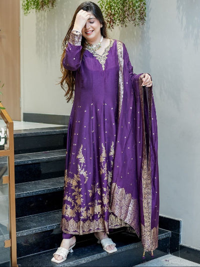 Purple Banarasi Handwork Anarkali Suit Set