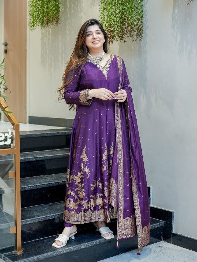 Purple Banarasi Handwork Anarkali Suit Set