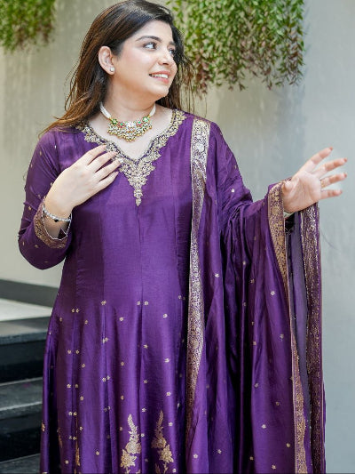 Purple Banarasi Handwork Anarkali Suit Set